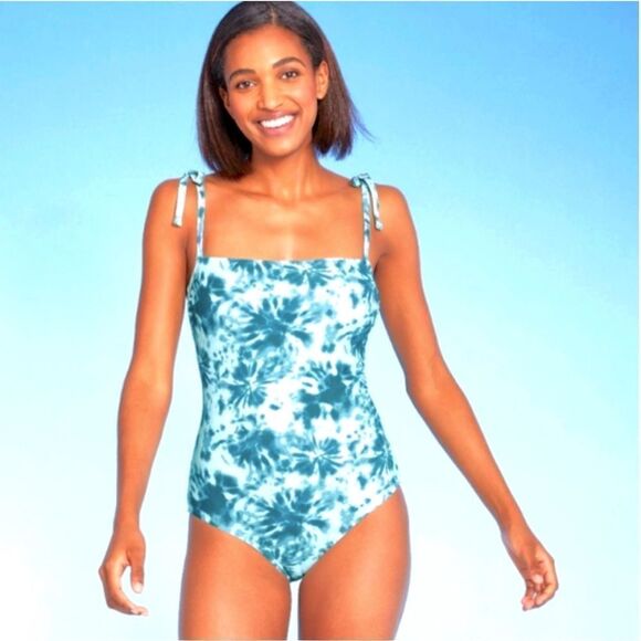 NWT Kona Sol Shoulder Tie Square Neck Blue Tie Dye One Piece Swimsuit large - Picture 1 of 10